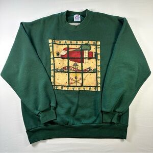 VTG Jerzees Sweatshirt Womens XL Green Christmas Santa Patchwork USA Cottagecore